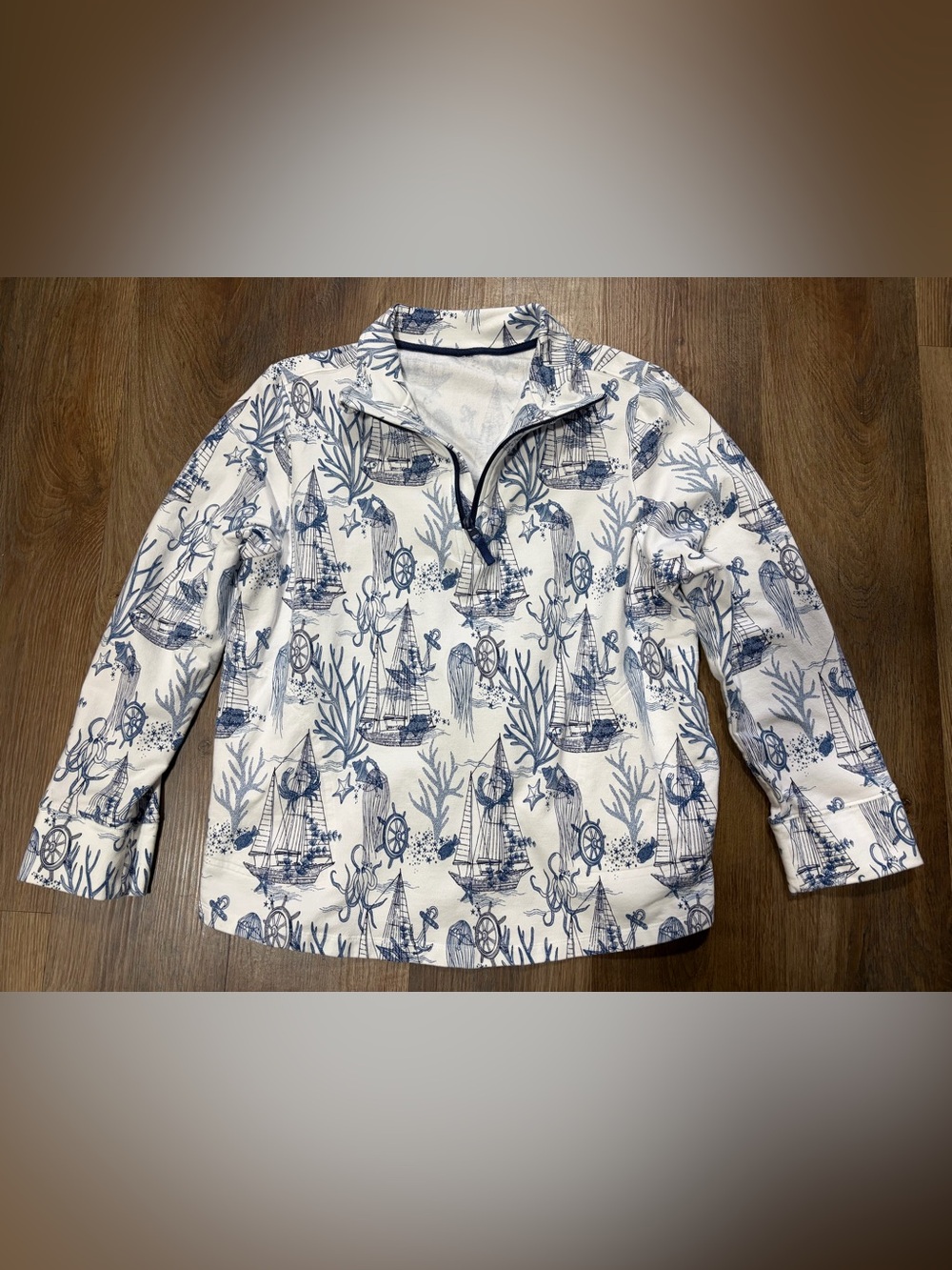 Vera Bradley Shore Enough XL 1/4 Zip Pullover Nautical Coastal Busy Blue White
